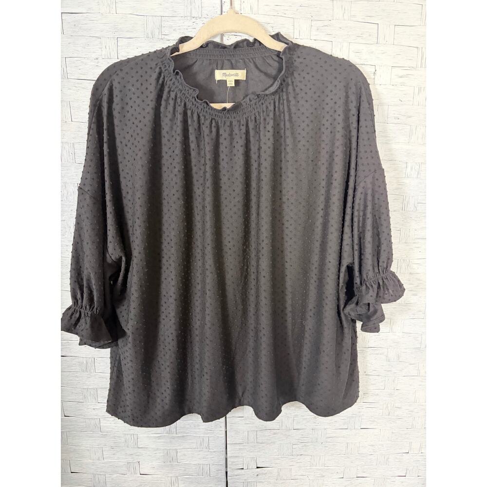 Madewell womens blouse black textured polkadots gathered dark romantic plus Sz￼